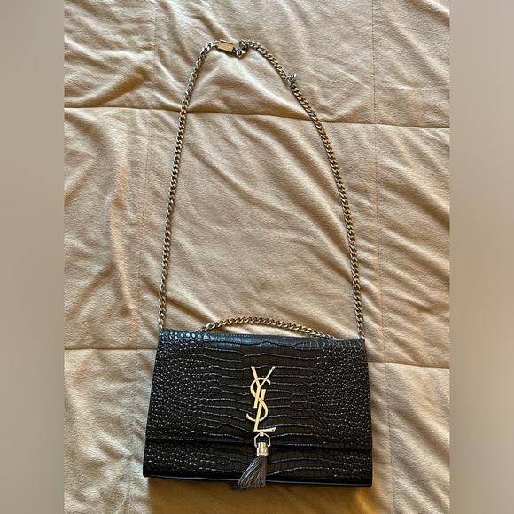 Yves Saint Laurent Handbags - YSL Kate Tassel Crocodile Embossed Crossbody Bag Black and Silver